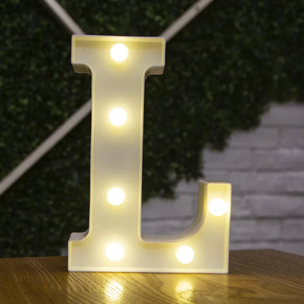 Decorative LED lights in the shape of white letters