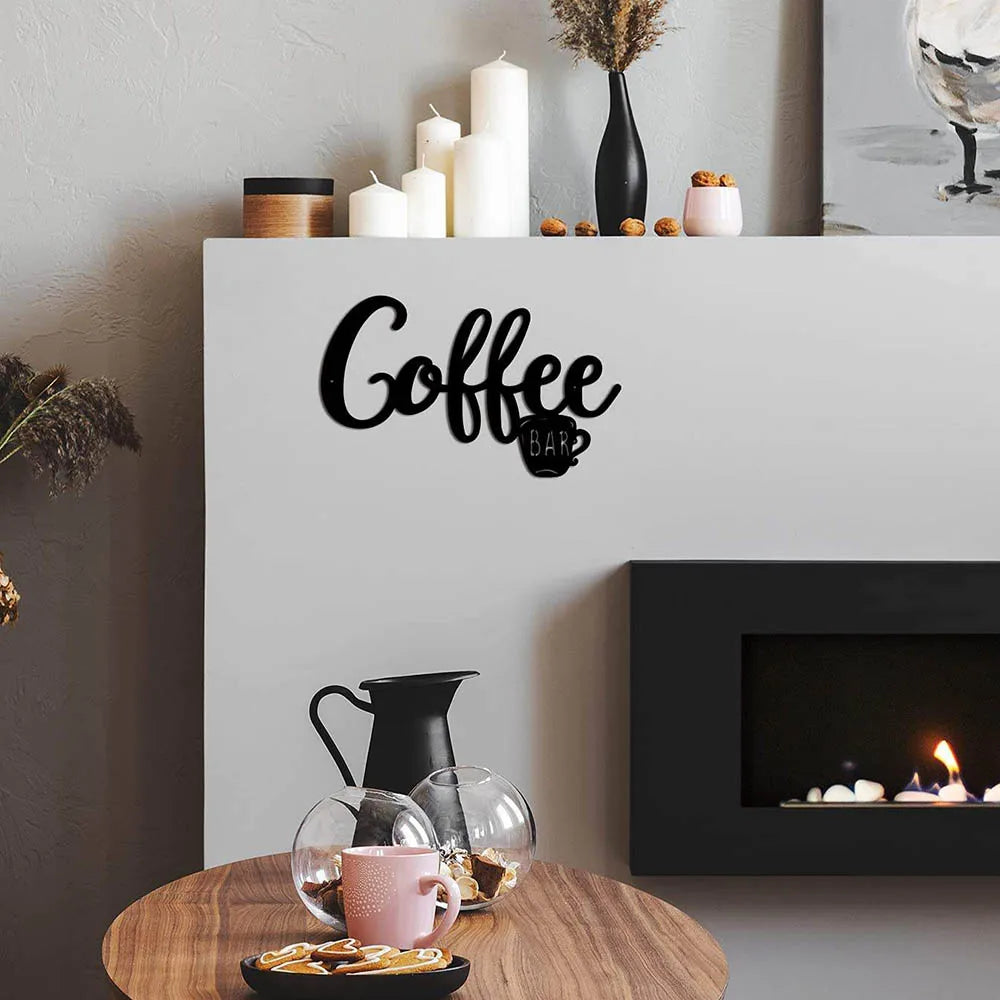Placa de arte para pared con silueta de letras negras de café