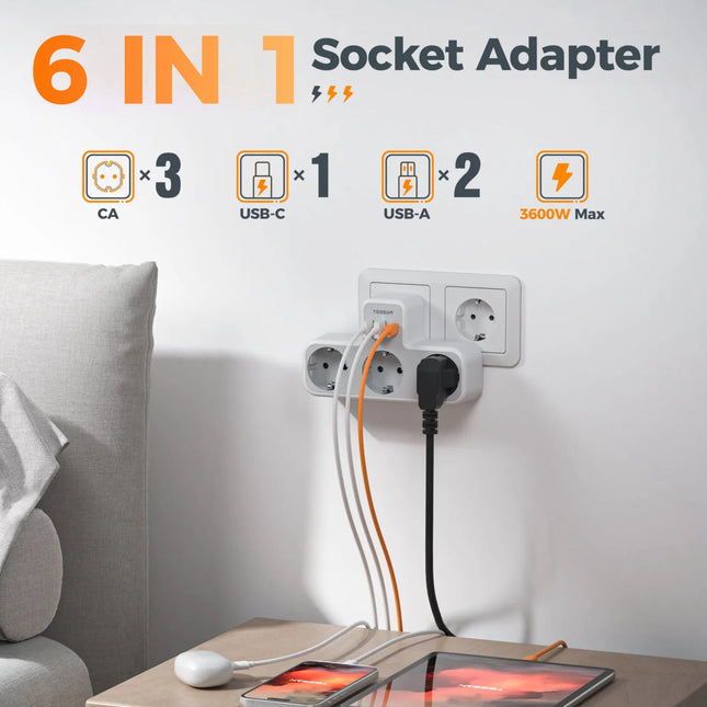Regleta de enchufe múltiple 6 en 1 con 3 tomas + 2 USB-A + USB-C (estándar UE)RegletasElectronics > Electronics Accessories > Power > Power Strips & Surge Suppressors