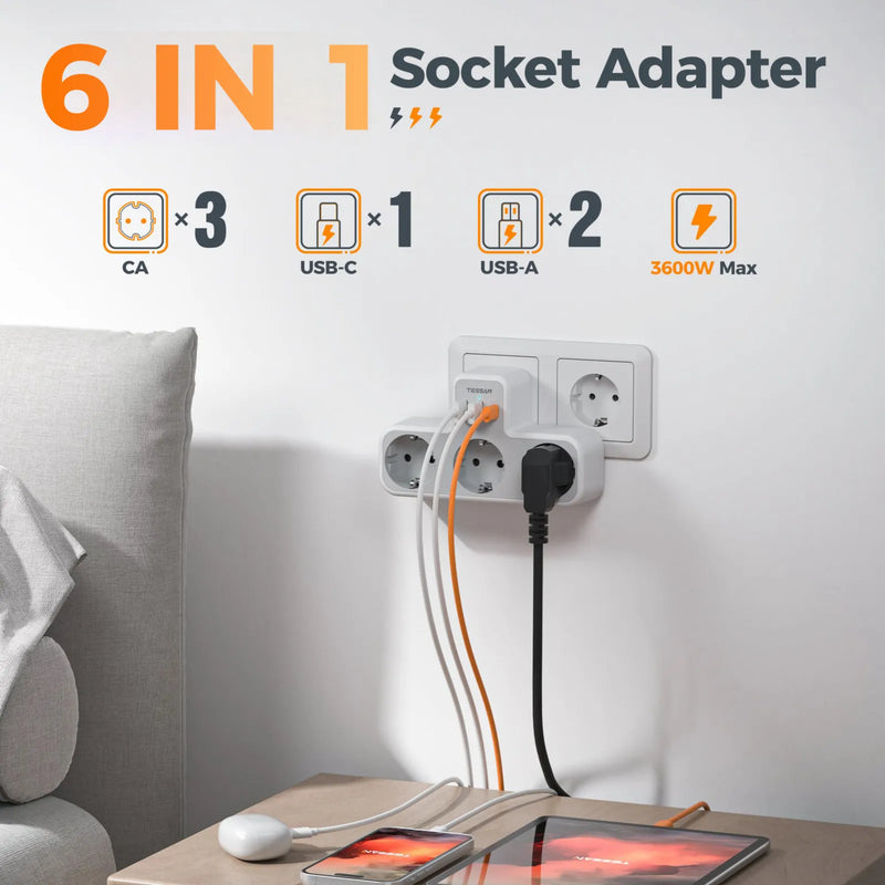 Regleta de enchufe múltiple 6 en 1 con 3 tomas + 2 USB-A + USB-C (estándar UE)RegletasElectronics > Electronics Accessories > Power > Power Strips & Surge Suppressors