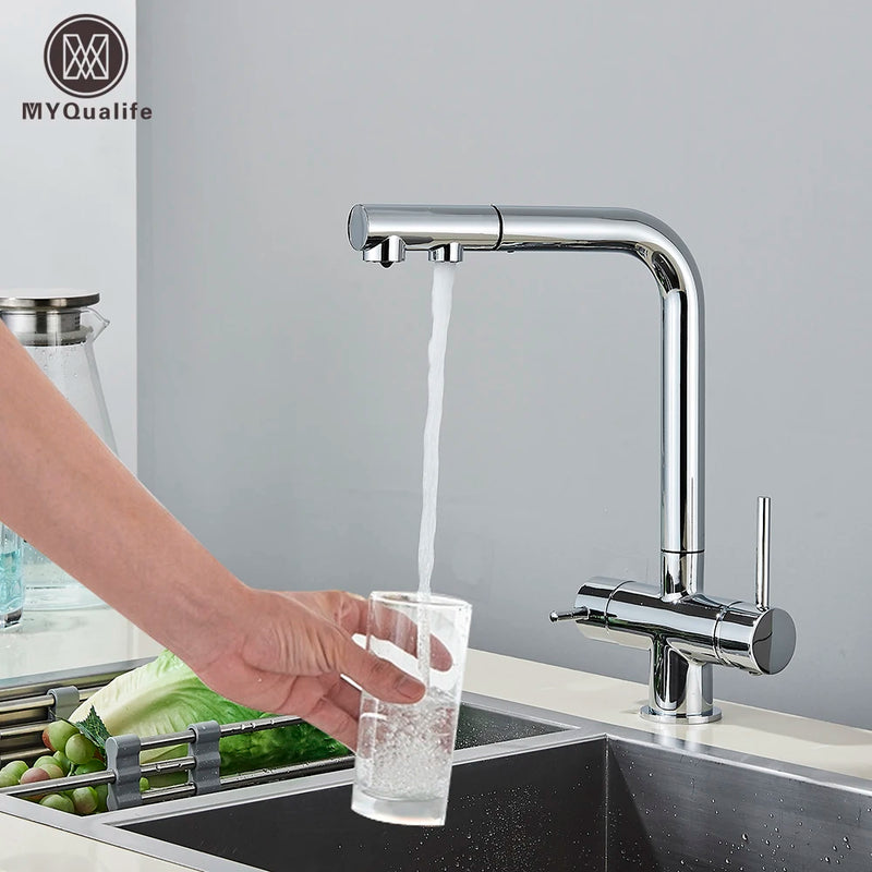 Grifo de cocina mezclador doble manija de latón cromado con filtro de agua 3-VíasGrifosHardware > Plumbing > Plumbing Fixtures > Faucets > Kitchen Sink Faucets