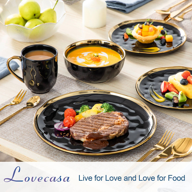 Vajilla de porcelana negra con filo dorado 16/32 piezas | plato llano, postre, cuenco y tazaVajillas completasHome & Garden > Kitchen & Dining > Tableware > Dinnerware > Dinnerware Sets