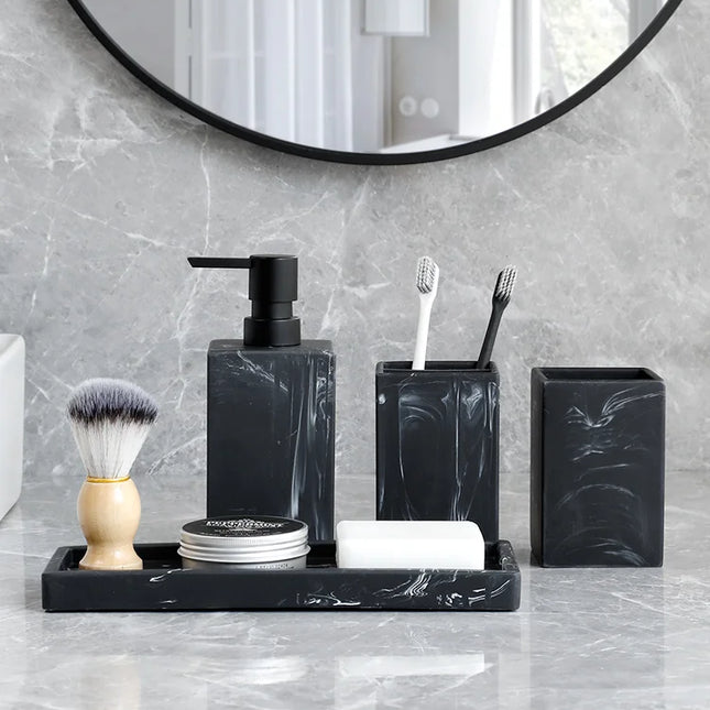 Set de 4 accesorios de baño efecto mármol | Dispensador, portacepillos, vaso y bandeja de resinaDispensadores de jabónHome & Garden > Bathroom Accessories > Bathroom Accessory Sets