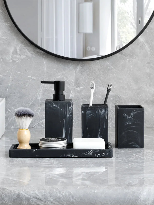 Set de 4 accesorios de baño efecto mármol | Dispensador, portacepillos, vaso y bandeja de resinaDispensadores de jabónHome & Garden > Bathroom Accessories > Bathroom Accessory Sets