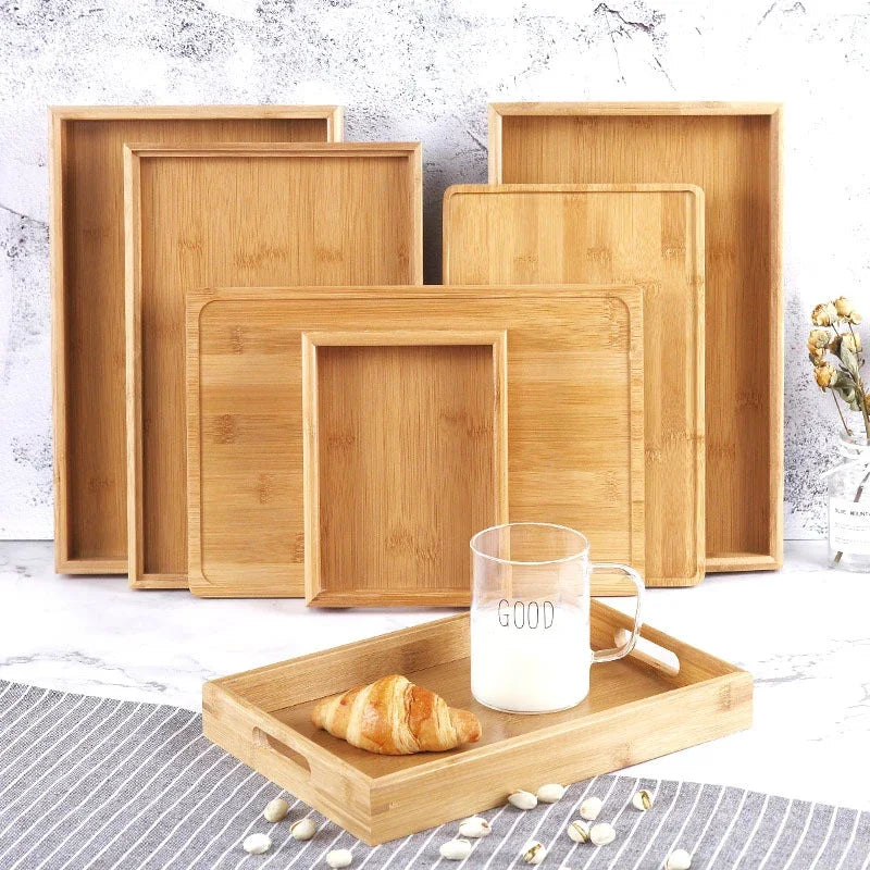 Bandeja rectangular de madera de bambú con asas decorativa en tamaños combinablesBandejas