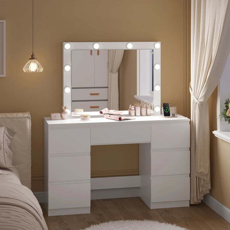 Tocador blanco con espejo LED, enchufe integrado y 7 cajonesMueblesFurniture > Cabinets & Storage > Vanities > Bedroom Vanities > Dressing Tables