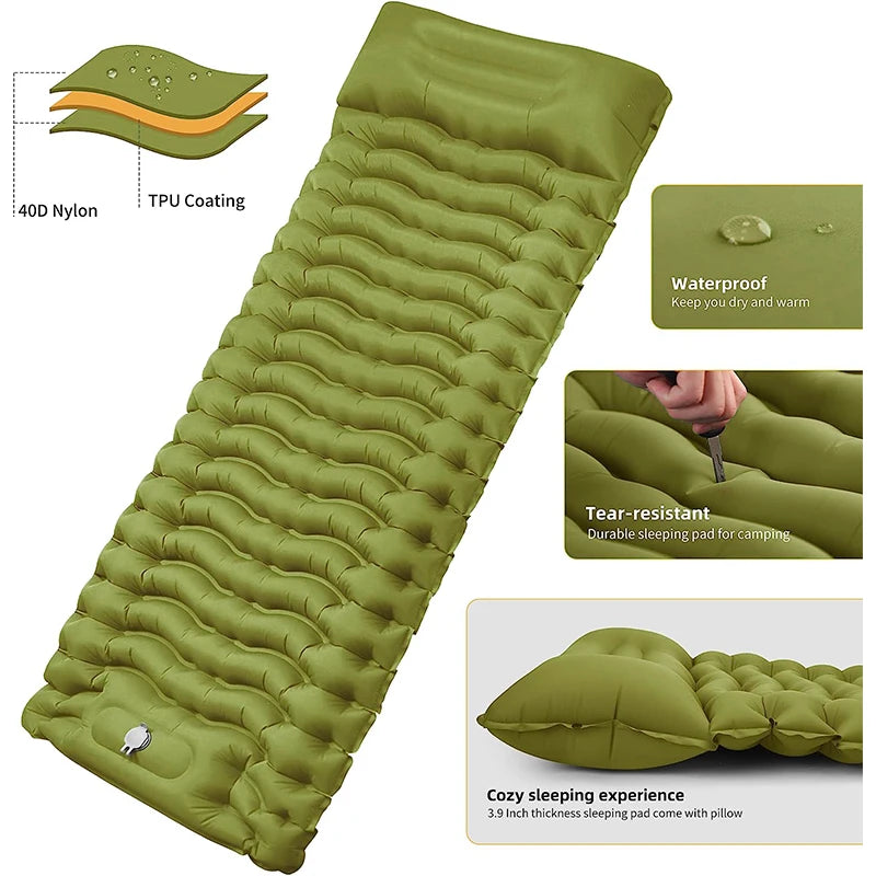 Colchón inflable de camping con almohada y bomba integrada | 10 cm de grosor, 190 × 65 cmColchonesSporting Goods > Outdoor Recreation > Camping & Hiking > Camp Furniture > Air Mattresses