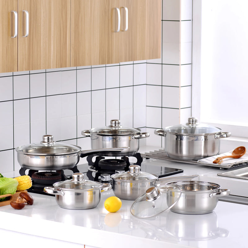 Juego de ollas y sartenes de acero inoxidable 12 piezas con tapas de cristal | Compatible con inducciónOllasHome & Garden > Kitchen & Dining > Cookware & Bakeware > Cookware > Cookware Sets