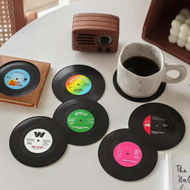 Retro coasters with vinyl record design, pack of 6 units