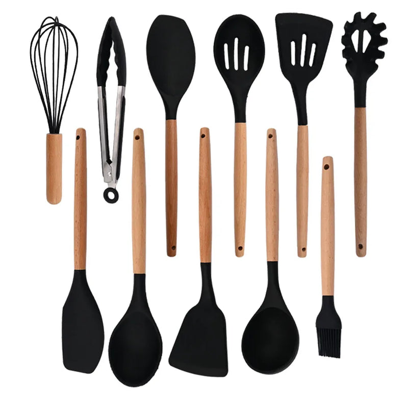 Juego de utensilios para cocina de silicona antiadherentes con mango de maderaUtensilios de cocinaHome & Garden > Kitchen & Dining > Kitchen Tools & Utensils > Kitchen Utensil Sets