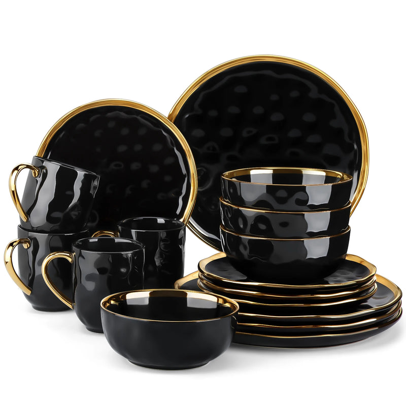 Vajilla de porcelana negra con filo dorado 16/32 piezas | plato llano, postre, cuenco y tazaVajillas completasHome & Garden > Kitchen & Dining > Tableware > Dinnerware > Dinnerware Sets