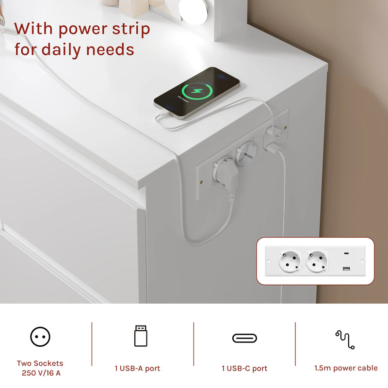 Tocador blanco con espejo LED, enchufe integrado y 7 cajonesMueblesFurniture > Cabinets & Storage > Vanities > Bedroom Vanities > Dressing Tables