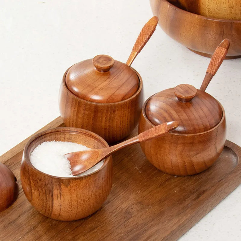 Recipientes de madera para sal o azúcar con tapa, cuchara y opción a bandeja