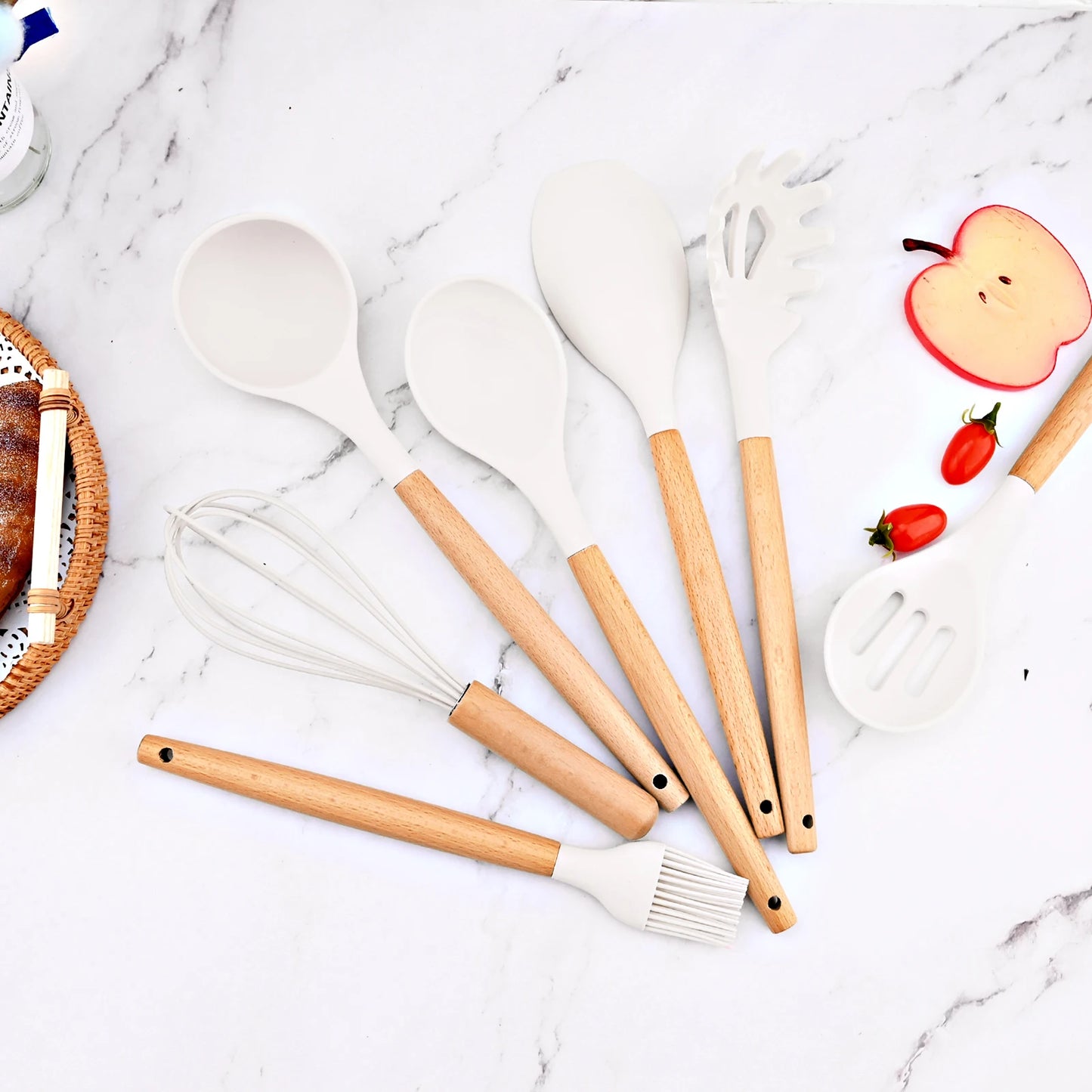 Ensemble d'ustensiles de cuisine en silicone antiadhésif avec manche en bois rose et menthe