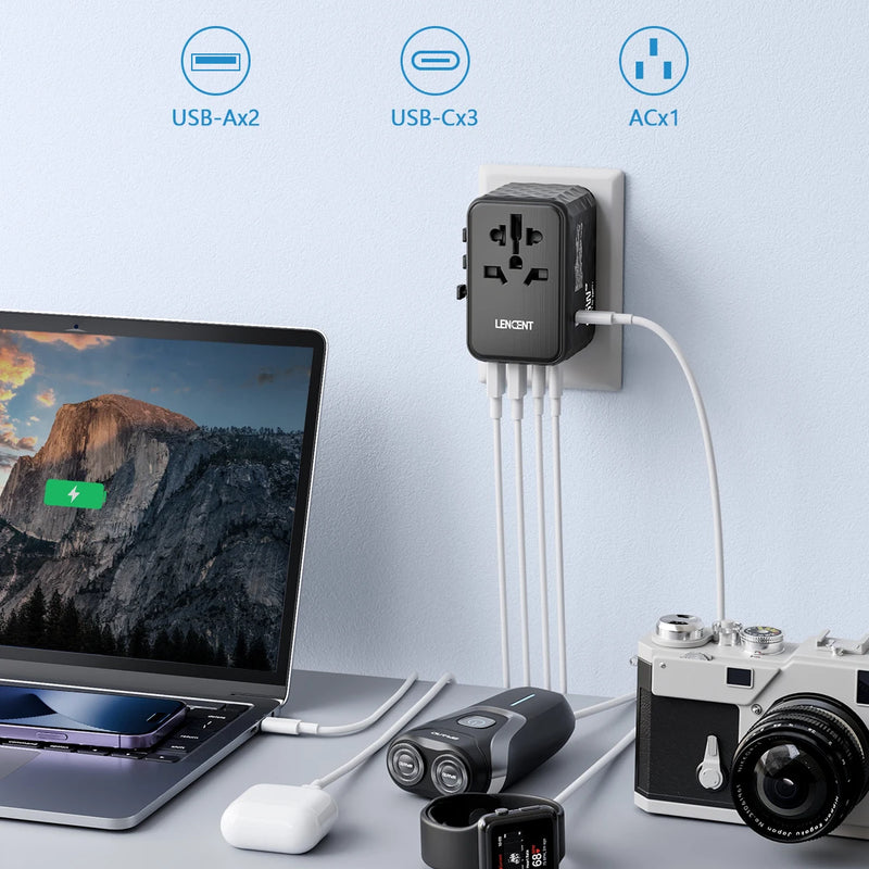 Adaptador de viaje universal GaN 65 W con 3 USB-C, 2 USB-A y toma AC (EU/UK/US/AUS)RegletasElectronics > Electronics Accessories > Power > Power Adapters & Chargers