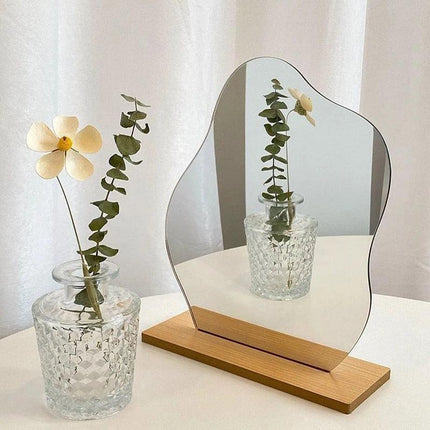 Irregular acrylic decorative mirror with wooden base available in different formats