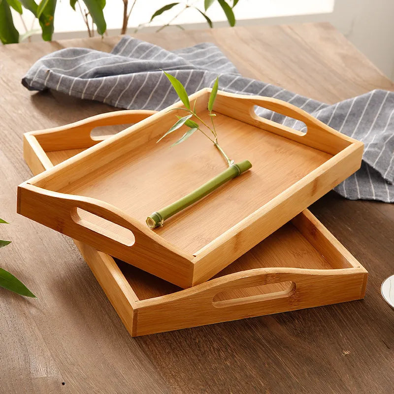 Bandeja rectangular de madera de bambú con asas decorativa en tamaños combinables