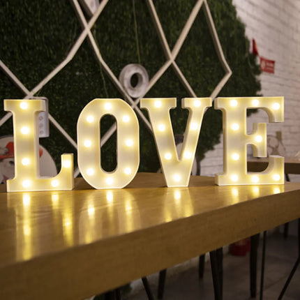 Decorative LED lights in the shape of white letters