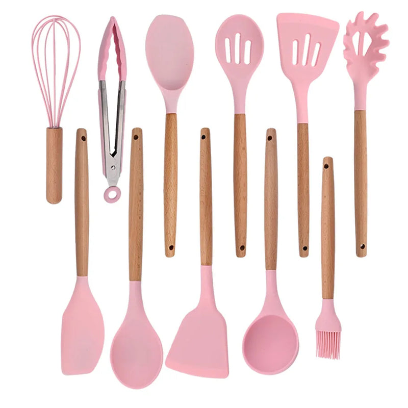 Juego de utensilios para cocina de silicona antiadherentes con mango de maderaUtensilios de cocinaHome & Garden > Kitchen & Dining > Kitchen Tools & Utensils > Kitchen Utensil Sets