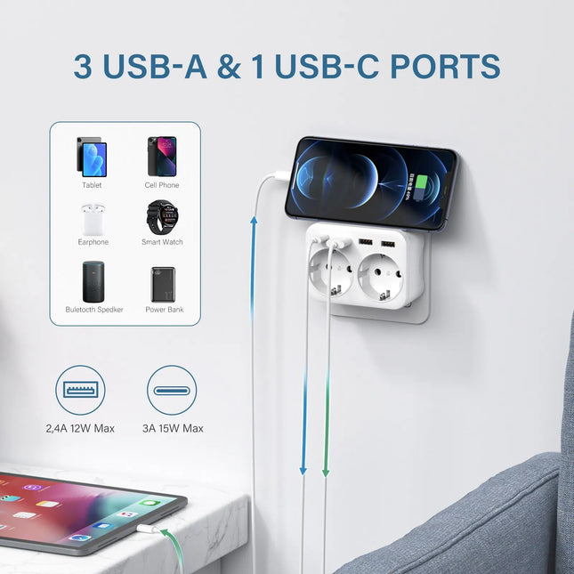 Extensor de enchufe de pared 6 en 1 (2 AC + 3 USB + USB-C) 4000 W 16 ARegletasElectronics > Electronics Accessories > Power > Power Strips & Surge Suppressors