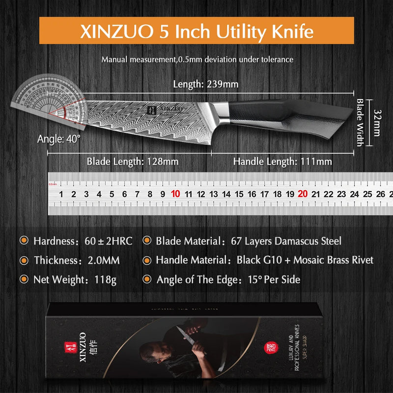 Cuchillo utilitario 5" acero damasco VG10 67 capas mango G10 negro con remache de latónCuchillosHome & Garden > Kitchen & Dining > Kitchen Tools & Utensils > Kitchen Knives