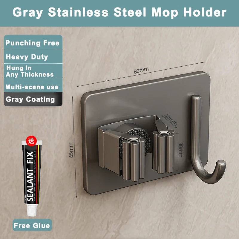 Soporte de acero inoxidable para mopas montado en paredSoportesHome & Garden > Household Supplies > Storage & Organization > Storage Hooks & Racks
