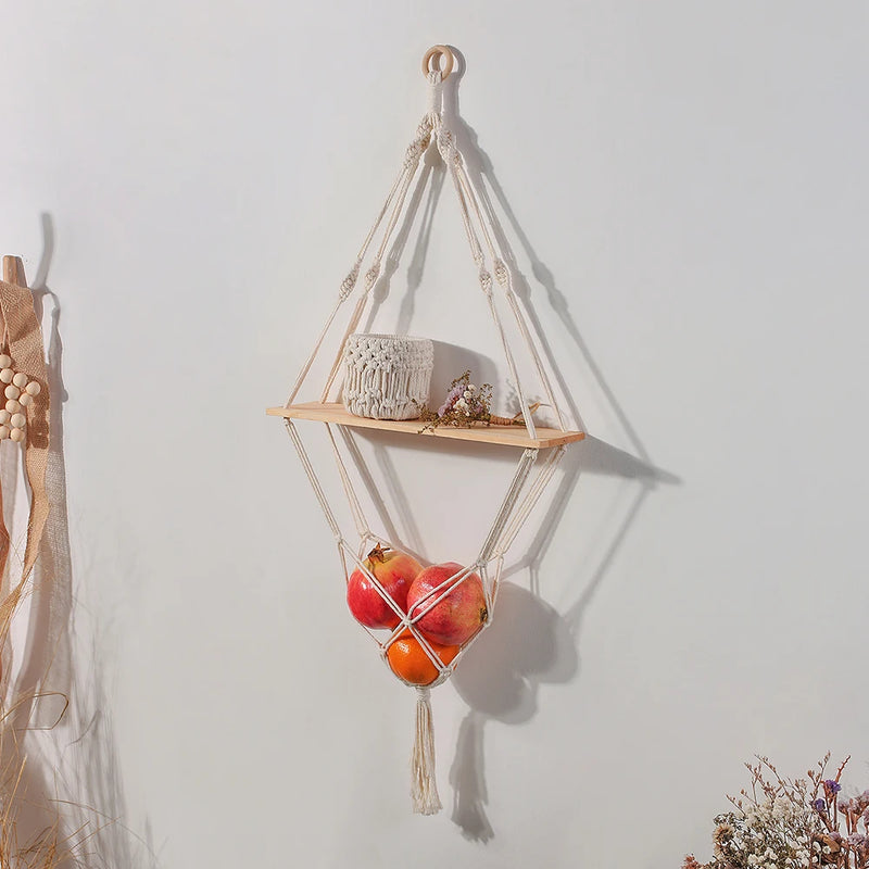 Estantería decorativa colgante de madera estilo bohoEstantes