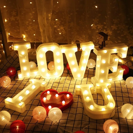 Decorative LED lights in the shape of white letters