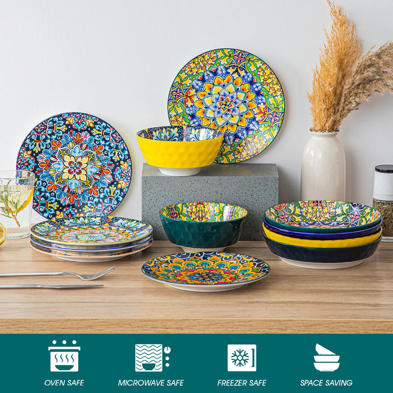 Vajilla boho de gres 24/48 piezas | platos (llano/postre) + cuenco cereales + cuenco pastaVajillas completasHome & Garden > Kitchen & Dining > Tableware > Dinnerware > Dinnerware Sets