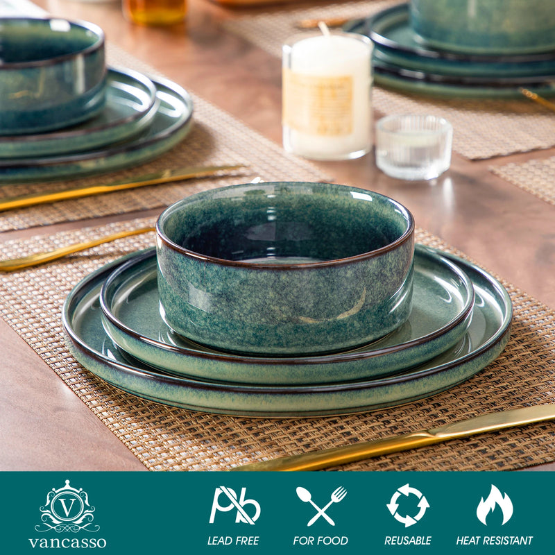 Vajilla 12/24 piezas verde–negro | gres con esmalte reactivo y borde verticalVajillas completasHome & Garden > Kitchen & Dining > Tableware > Dinnerware > Dinnerware Sets