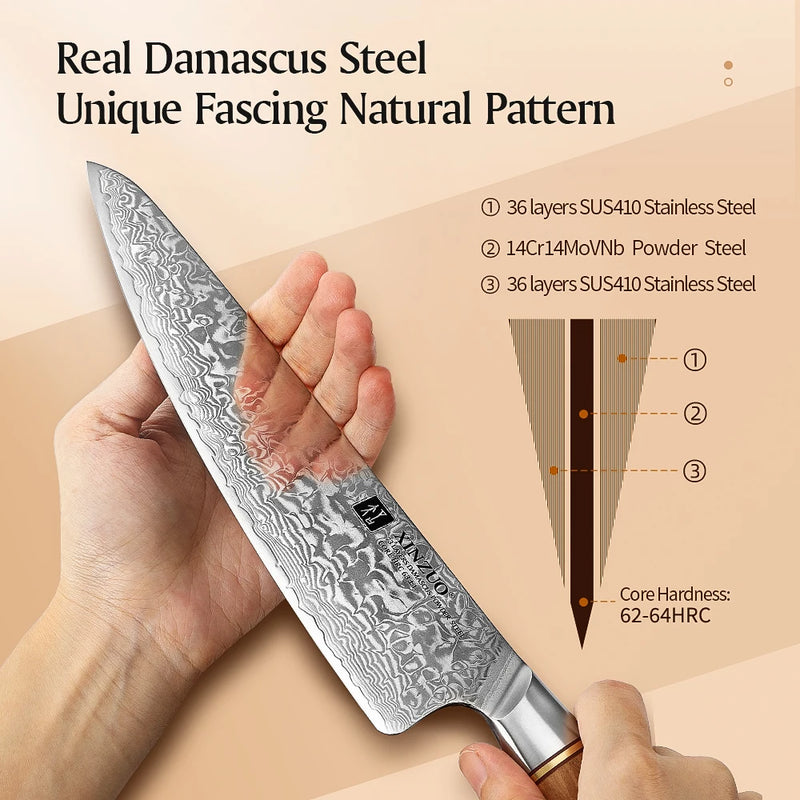 Cuchillo de chef 8,5" acero damasco 73 capas con mango de olivo y remaches de cobreCuchillosHome & Garden > Kitchen & Dining > Kitchen Tools & Utensils > Kitchen Knives