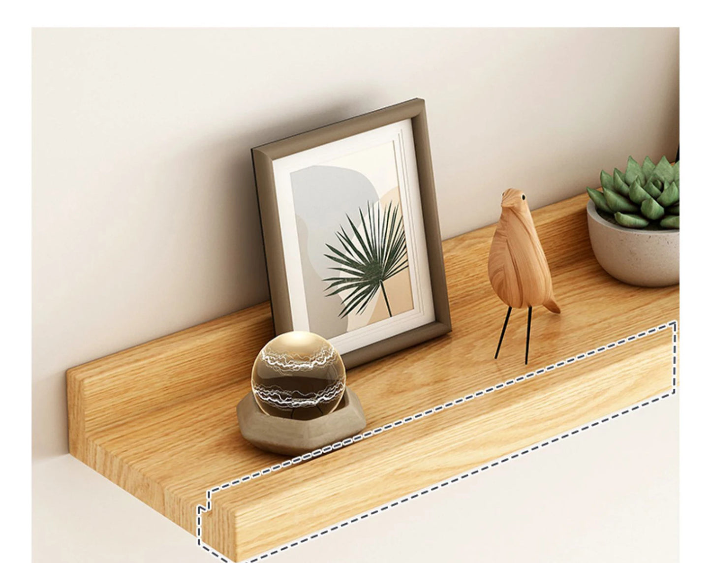 Rectangular wooden hanging shelf without drilling