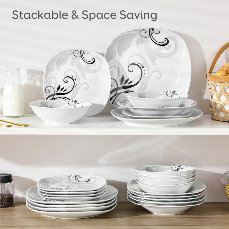 Juego de vajilla de porcelana 24/48 piezas con diseño negro | platos y cuencos aptos para lavavajillas y microondasVajillas completasHome & Garden > Kitchen & Dining > Tableware > Dinnerware > Dinnerware Sets