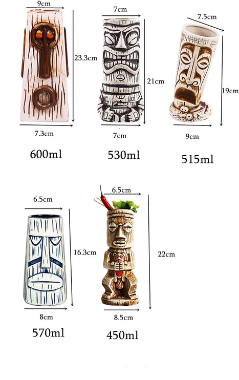 Jarras y vasos tiki de cerámica con inspiración hawaiana de 300 a 700 ml