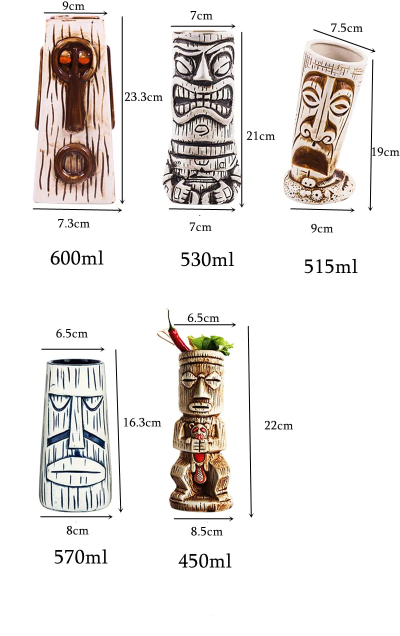 Jarras y vasos tiki de cerámica con inspiración hawaiana de 300 a 700 ml