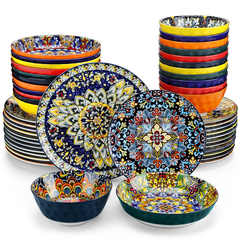 Vajilla boho de gres 24/48 piezas | platos (llano/postre) + cuenco cereales + cuenco pastaVajillas completasHome & Garden > Kitchen & Dining > Tableware > Dinnerware > Dinnerware Sets