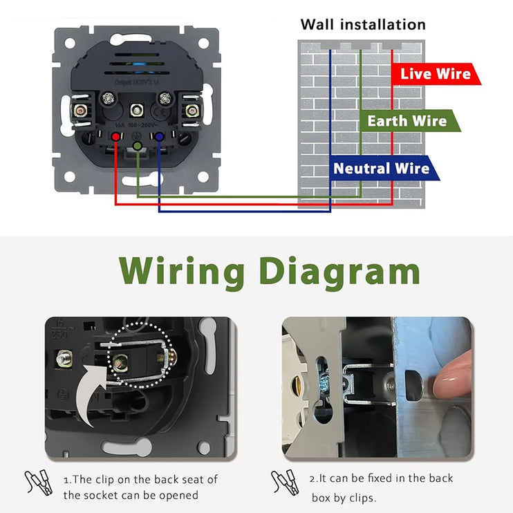 USB A and C charging FR socket with fireproof PC panel and iron claw A2 series, suitable for round box