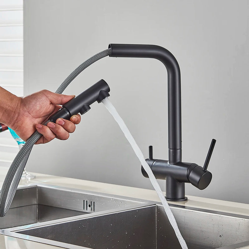 Grifo de cocina mezclador doble manija de latón cromado con filtro de agua 3-VíasGrifosHardware > Plumbing > Plumbing Fixtures > Faucets > Kitchen Sink Faucets