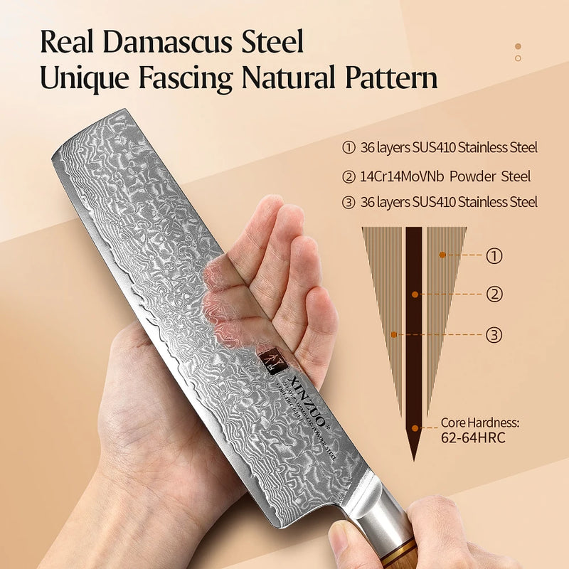 Cuchillo Nakiri de 7 pulgadas | Acero Damasco 73 capas, 62-64 HRC y mango de madera de olivaCuchillosHome & Garden > Kitchen & Dining > Kitchen Tools & Utensils > Kitchen Knives