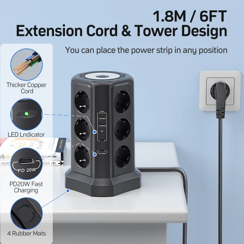 Regleta torre 12 tomas + 4 USB con luz nocturna | protector de sobretensión 4000 W 16 A, cable 1,8 mRegletasElectronics > Electronics Accessories > Power > Power Strips & Surge Suppressors