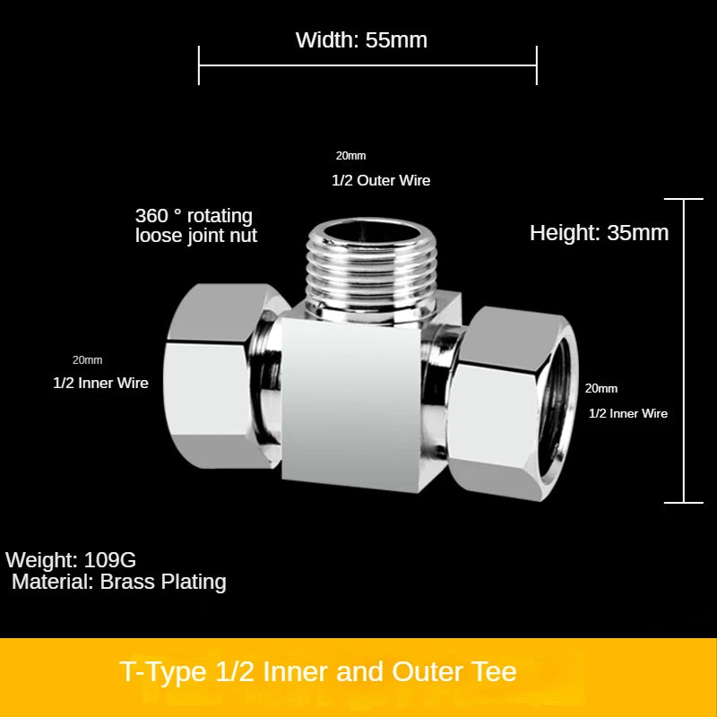 Divisor de grifo 1/2” de latón macizo · Conector en T tres vías · Una entrada y dos salidas para mangueras y tuberíasAdaptadoresHardware > Plumbing > Plumbing Fittings & Supports > Pipe Connectors