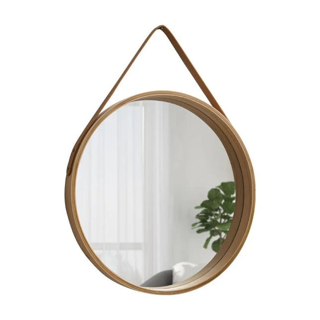 Round hanging mirror with wooden edge