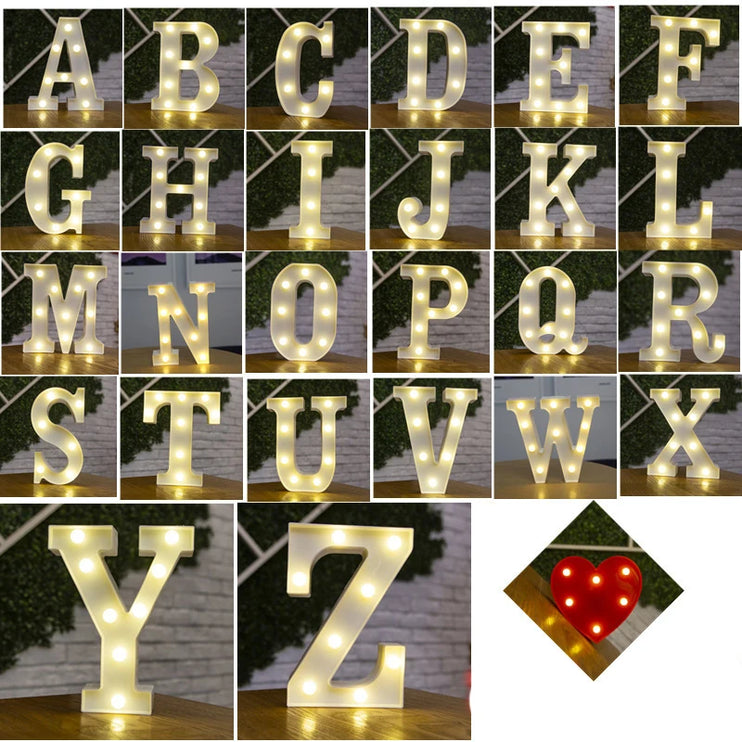 Decorative LED lights in the shape of white letters