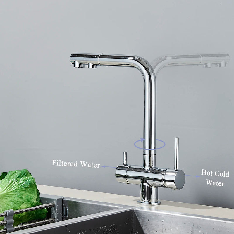 Grifo de cocina mezclador doble manija de latón cromado con filtro de agua 3-VíasGrifosHardware > Plumbing > Plumbing Fixtures > Faucets > Kitchen Sink Faucets