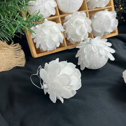 Christmas Tree Ornaments White Glitter Petal Balls 3pcs