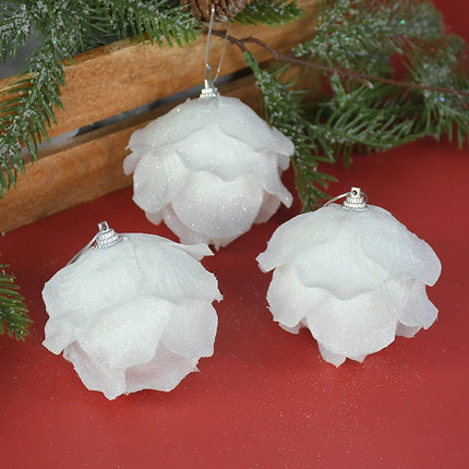 Christmas Tree Ornaments White Glitter Petal Balls 3pcs