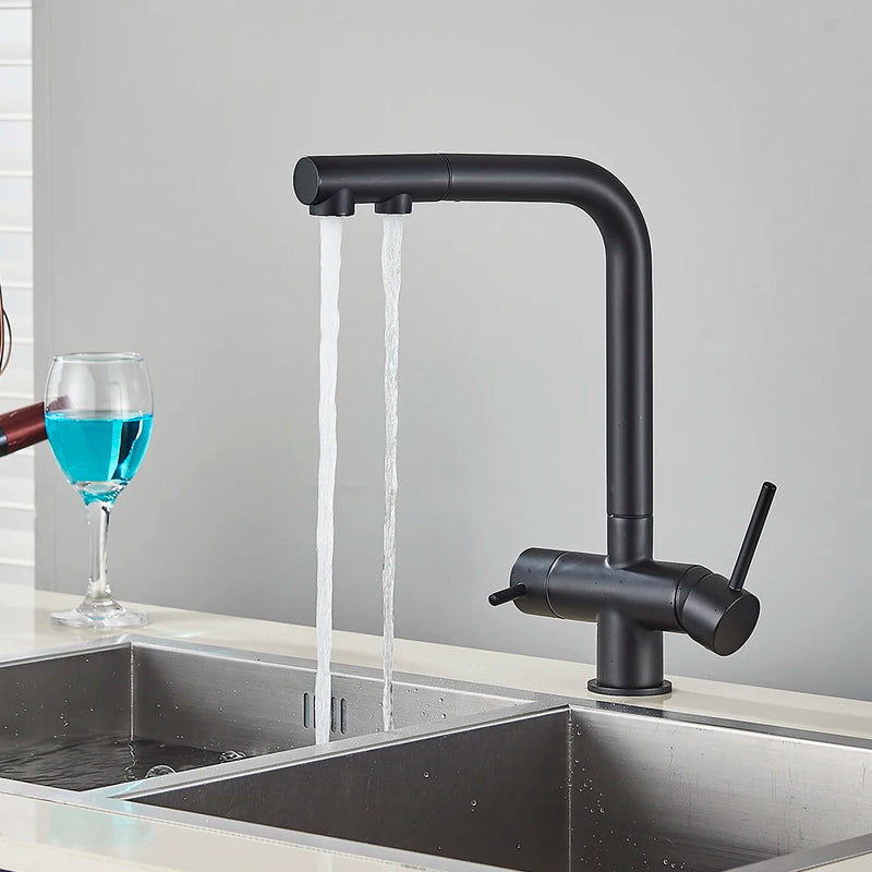 Grifo de cocina mezclador doble manija de latón cromado con filtro de agua 3-VíasGrifosHardware > Plumbing > Plumbing Fixtures > Faucets > Kitchen Sink Faucets