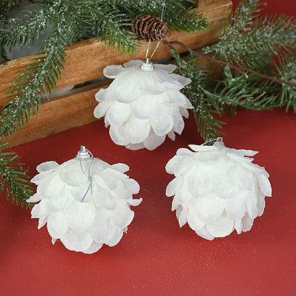 Christmas Tree Ornaments White Glitter Petal Balls 3pcs