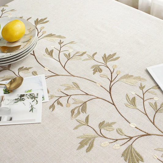 Rectangular Linen Tablecloth with Flower Vines