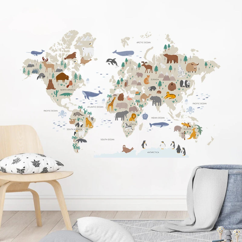 Pegatinas de pared de mapa del mundo grande con dibujos de animalesAdhesivos